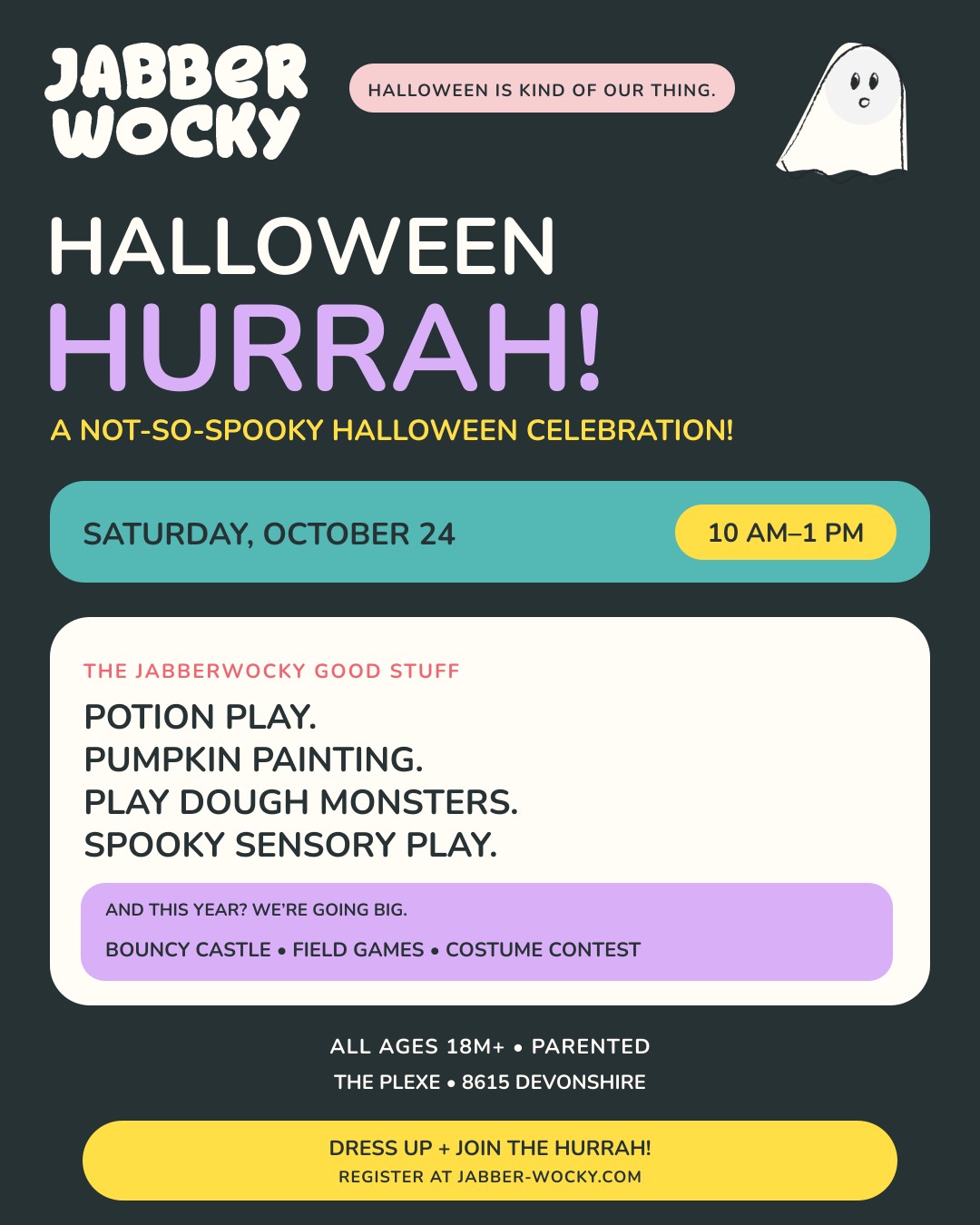 Halloween Hurrah! A not-so-spooky Halloween celebration, Saturday October 24, 10 AM to 1 PM at The Plexe